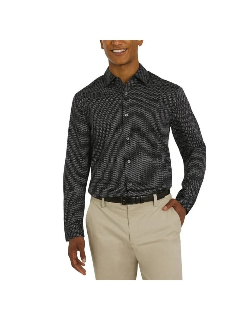 DKNY Men's L Regular Fit Stretch Black Pattern  Button-Up Dress Shirt  F1010
